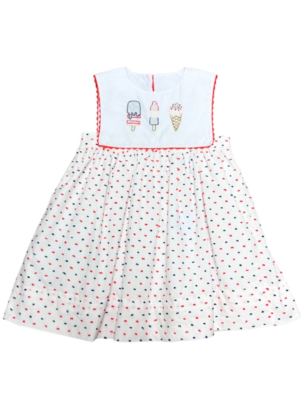 KREWE Swiss Dot Girls Popsicle White Dress with Red and Navy Dot Trim